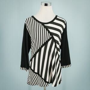 Lior Paris Size XL Black White Stripe Print Scoop 3/4 Sleeve Artsy Tunic Top